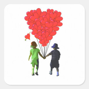 Children holding hands & heart shaped balloons square sticker