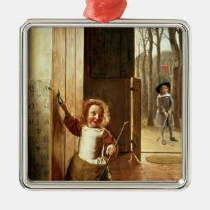 Children in a Doorway with 'Colf' Sticks Metal Tree Decoration