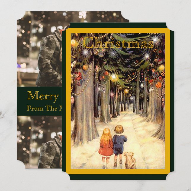 Children in Christmas Lane Flat Photocard Invitati Invitation (Front/Back)