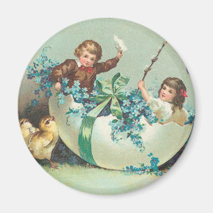 Children in Floral Eggshell Boat Vintage Magnet