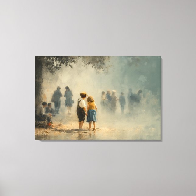 Children in Misty Street Impressionist Scene Canvas Print (Front)