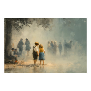 Children in Misty Street Impressionist Scene Photo Print