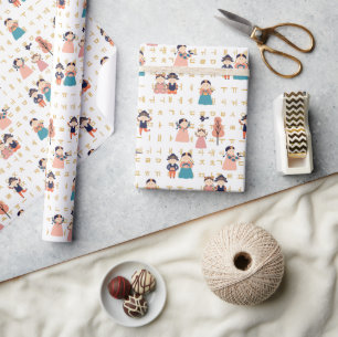 Children in Traditional Korean Hanbok (Gold Font) Wrapping Paper