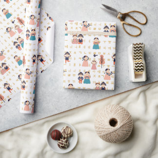 Children in Traditional Korean Hanbok (Gold Font) Wrapping Paper