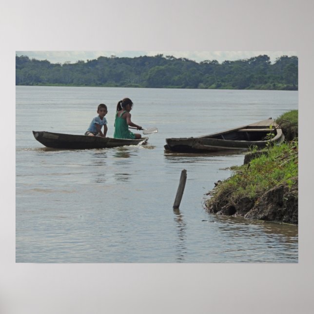Children in Wooden Boat on Napo River in Peru Poster (Front)