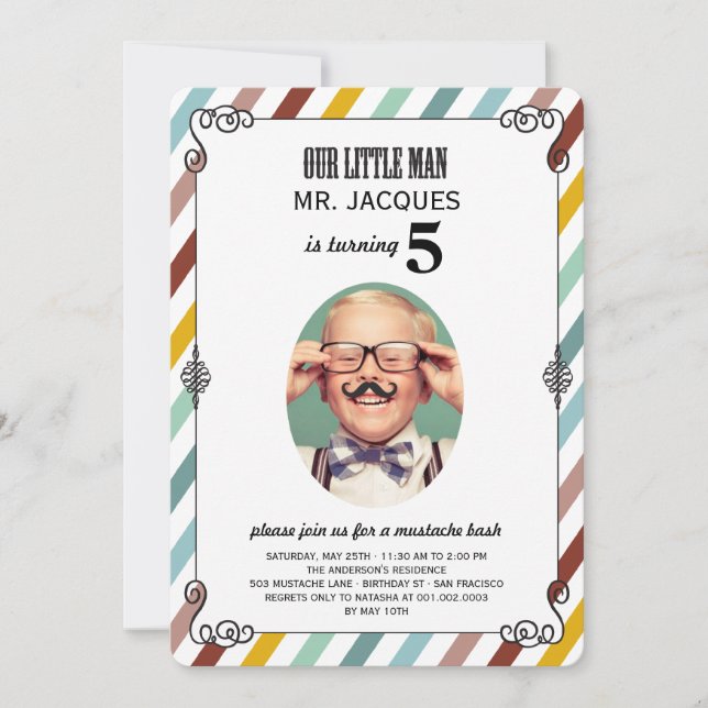 Children Kids Moustache Birthday Party Photo Invit Invitation (Front)