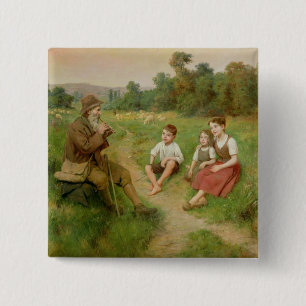 Children Listen to a Shepherd Playing a Flute 15 Cm Square Badge