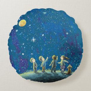 Children Looking At Night Sky Round Cushion