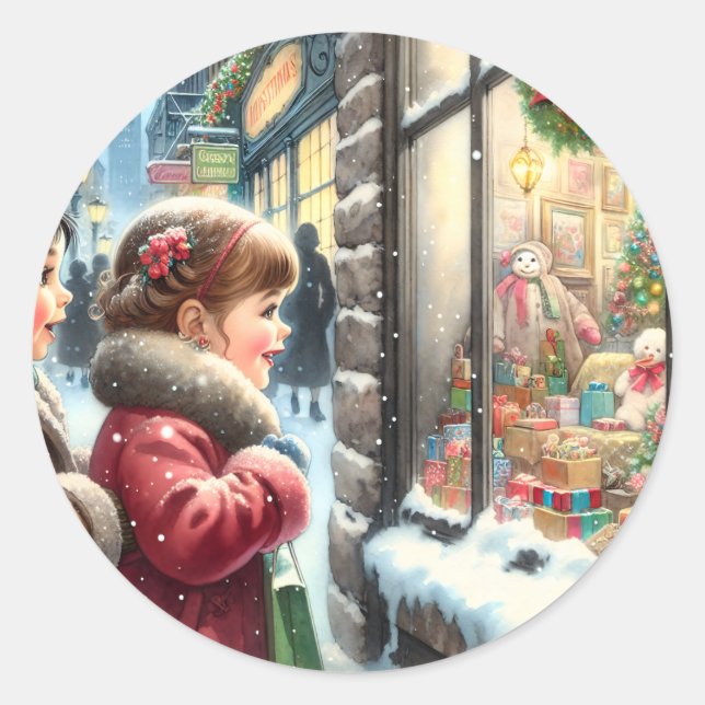 Children Looking into a Christmas Window Classic Round Sticker (Front)