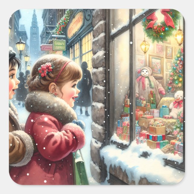 Children Looking into a Christmas Window Square Sticker (Front)