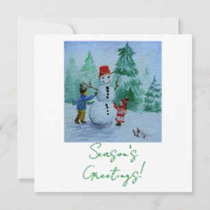 Children Making A Snowman Christmas Card