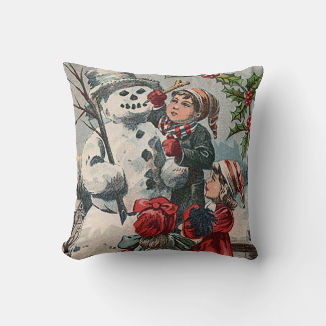 Children Making Snowman Holly Cushion (Front)