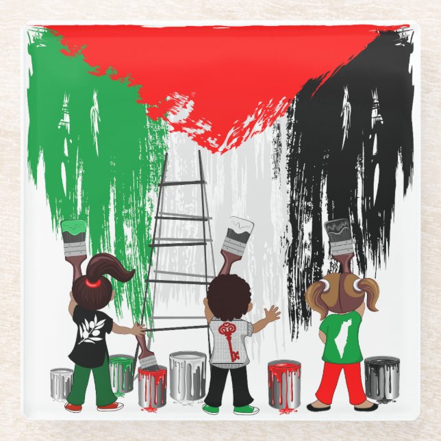 Children of Gaza Painting Palestine Flag  Glass Coaster (Front)