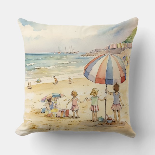 Children On A Sandy Beach Throw Pillow (Front)