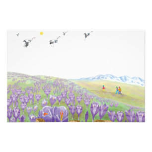 Children on Purple Crocus Flowers Hill  Photo Print