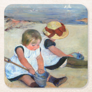 Children on the Beach, Cassatt Square Paper Coaster