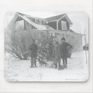 Children outside with Christmas tree Mouse Mat