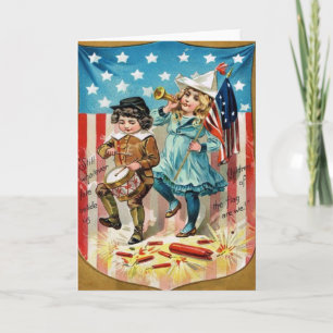 Children Parade American Flag Vintage 4th of July Card