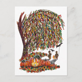 Children Playing Bats Halloween Watercolor Postcard