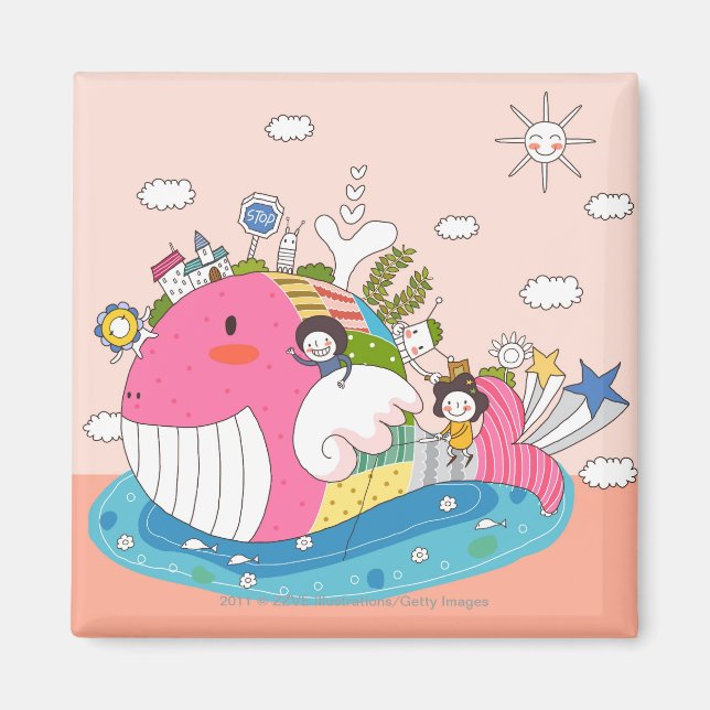 Children playing by fish in pond magnet (Front)