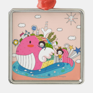 Children playing by fish in pond metal tree decoration