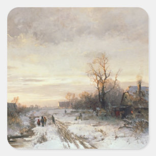 Children playing in a winter landscape square sticker