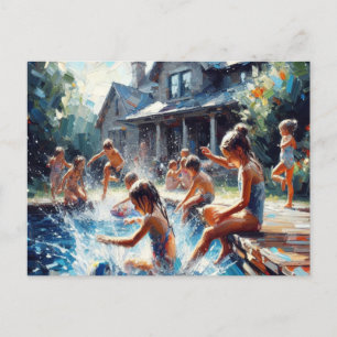 Children Playing in Pool,  Postcard