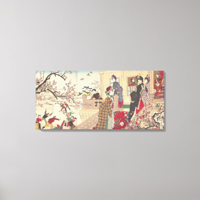Children Playing in the Snow under Plum Trees Canvas Print (Front)