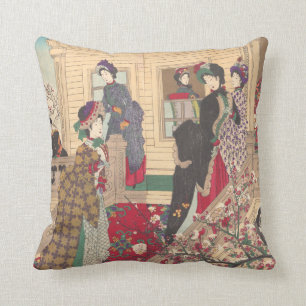 Children Playing in the Snow under Plum Trees Cushion