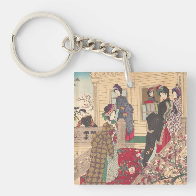 Children Playing in the Snow under Plum Trees Key Ring (Front)