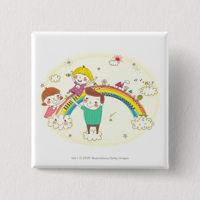 Children playing on rainbow 15 cm square badge (Front)