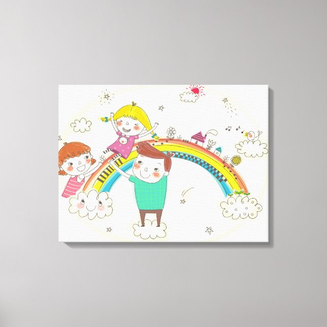 Children playing on rainbow canvas print (Front)