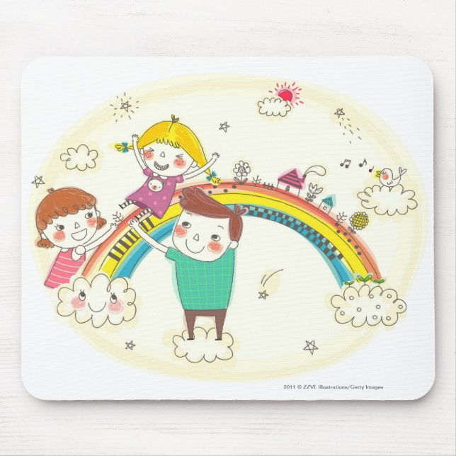Children playing on rainbow mouse mat (Front)