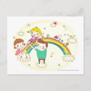Children playing on rainbow postcard