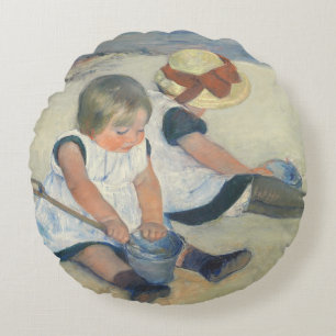 Children Playing on the Beach, 1884 Round Cushion
