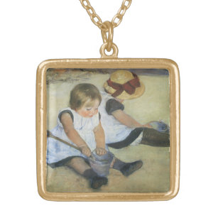 Children Playing on the Beach by Mary Cassatt Gold Plated Necklace