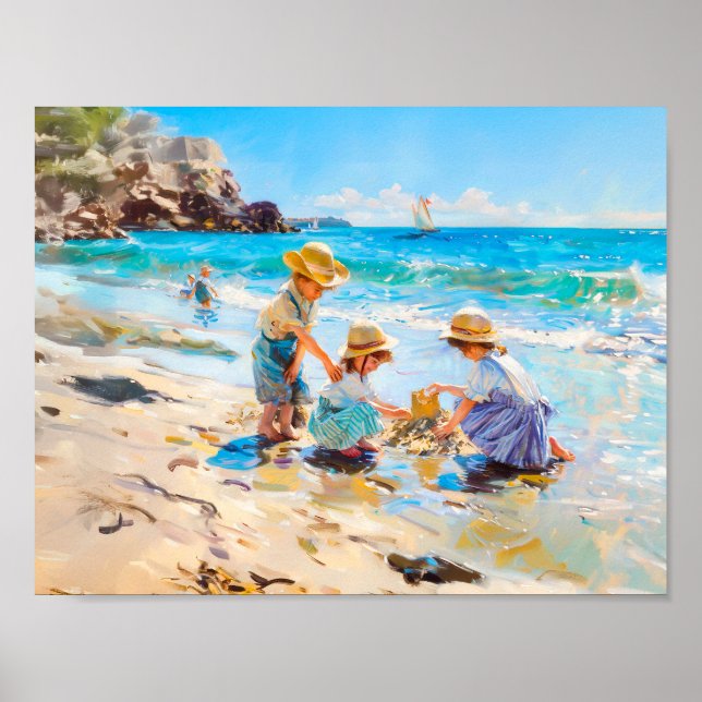 Children Playing on the Beach - Impressionist Art Poster (Front)