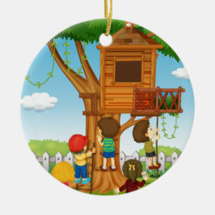 Children playing on the treehouse ceramic tree decoration