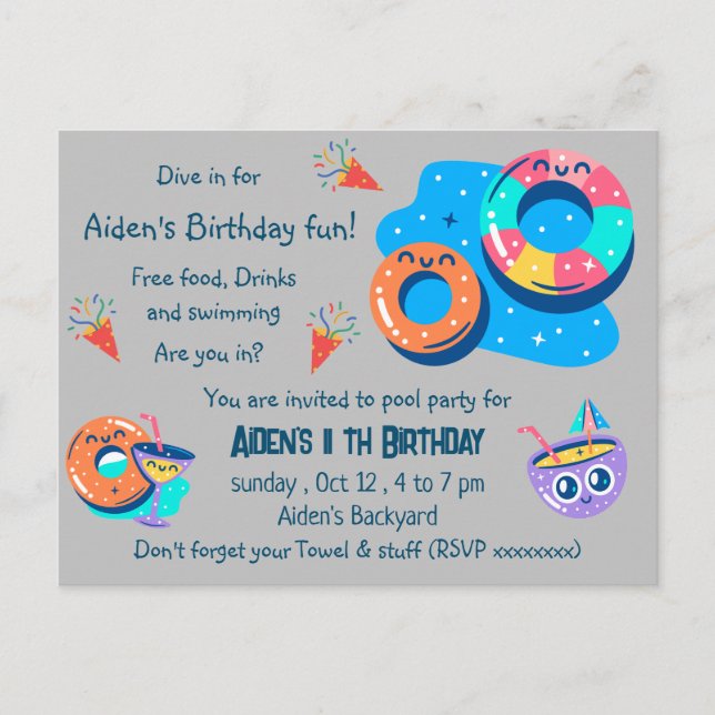 Children pool party birthday postcard (Front)