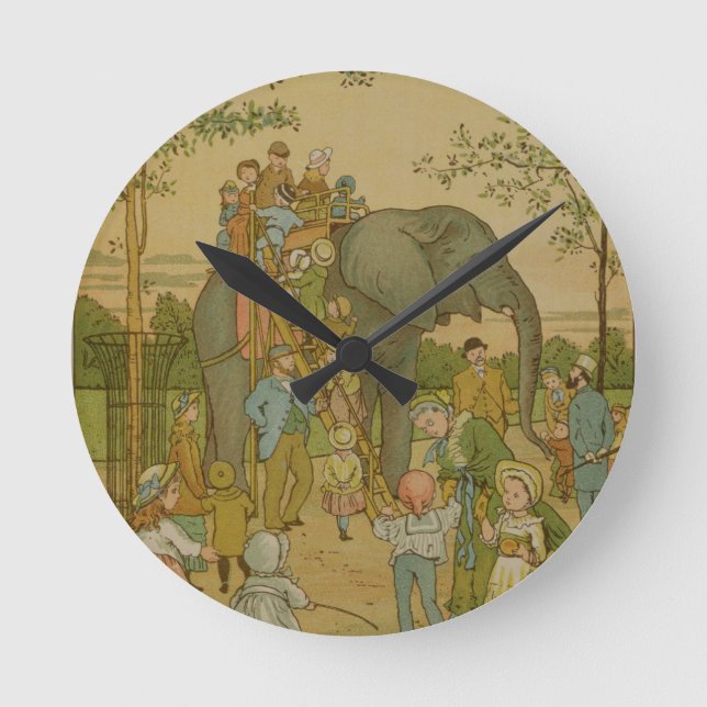 Children Riding on the Elephant (litho) Round Clock (Front)