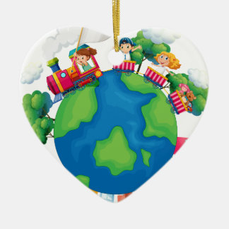 Children riding on train around the world ceramic tree decoration