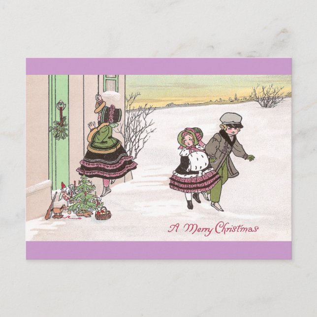 Children Ringing Doorbell After Leaving Gifts Postcard (Front)