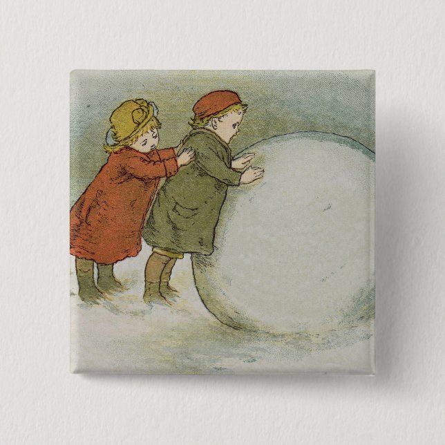 Children Rolling Snowballs 15 Cm Square Badge (Front)