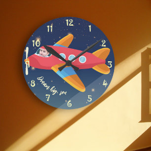 Children Room Decor - Dream Big Airplane Pilot Round Clock