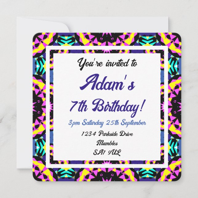 Children’s Fun Blue Pink Purple Tropical Birthday Invitation (Front)