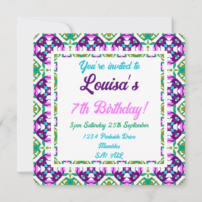 Children’s Fun Pink Purple Green Tropical Birthday Invitation (Front)