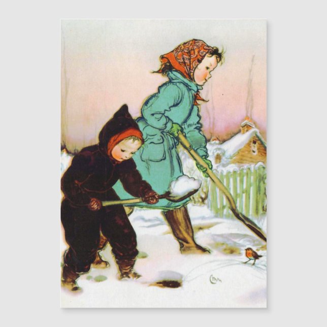 Children Shoveling Snow Holiday Card (Front)