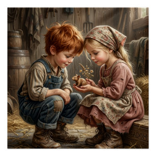 Children Sitting Together In Nostalgic Rural Setti Poster