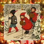 Children skiing, a vintage winter scene  ceramic ornament<br><div class="desc">Children skiing,  a vintage winter scene</div>