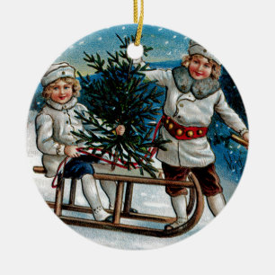 Children Sledding Ceramic Tree Decoration